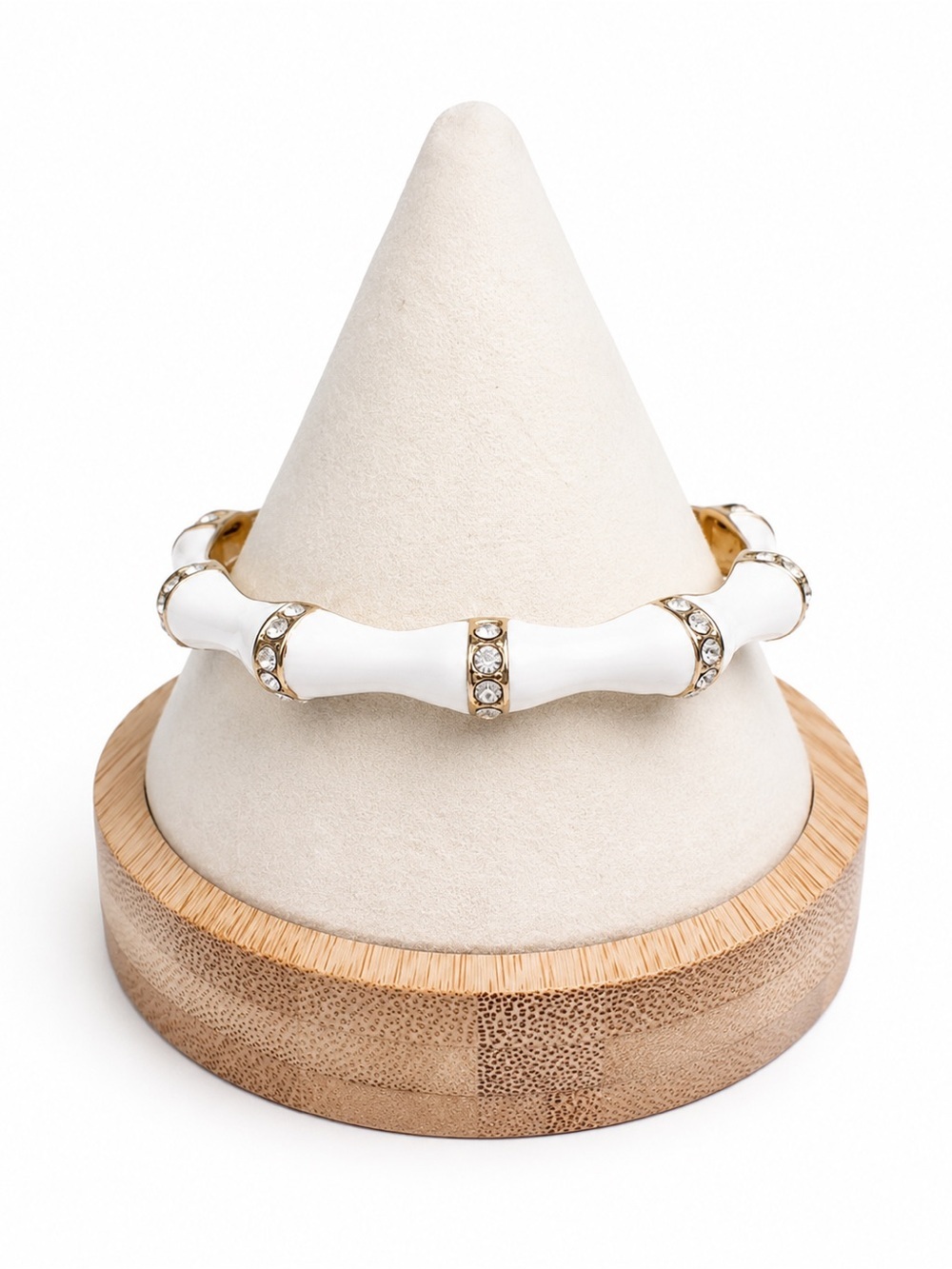 White Enamel Bamboo-Style Hinge Bracelet with Gold & Crystal Accents
